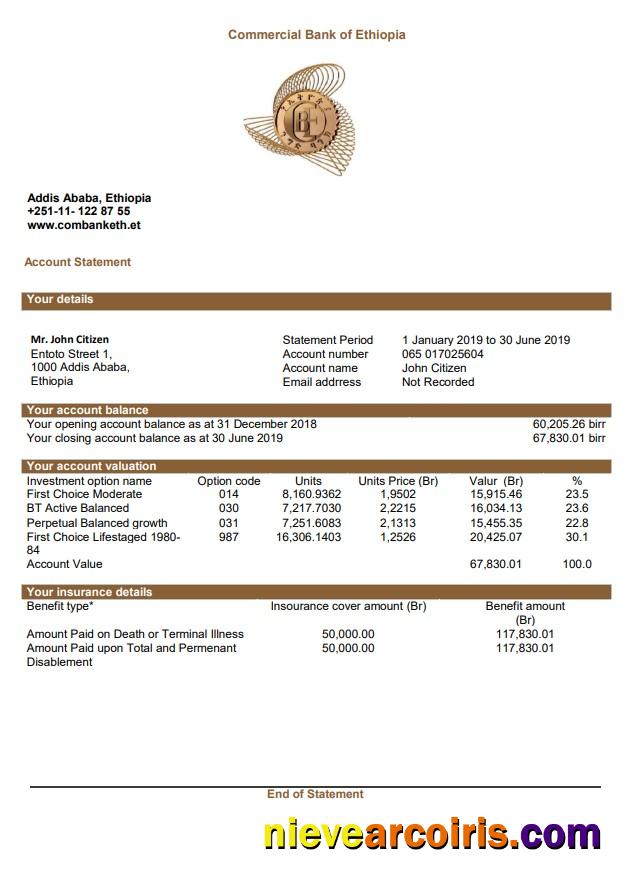 Ethiopia Commercial Bank of Ethiopia bank statement
